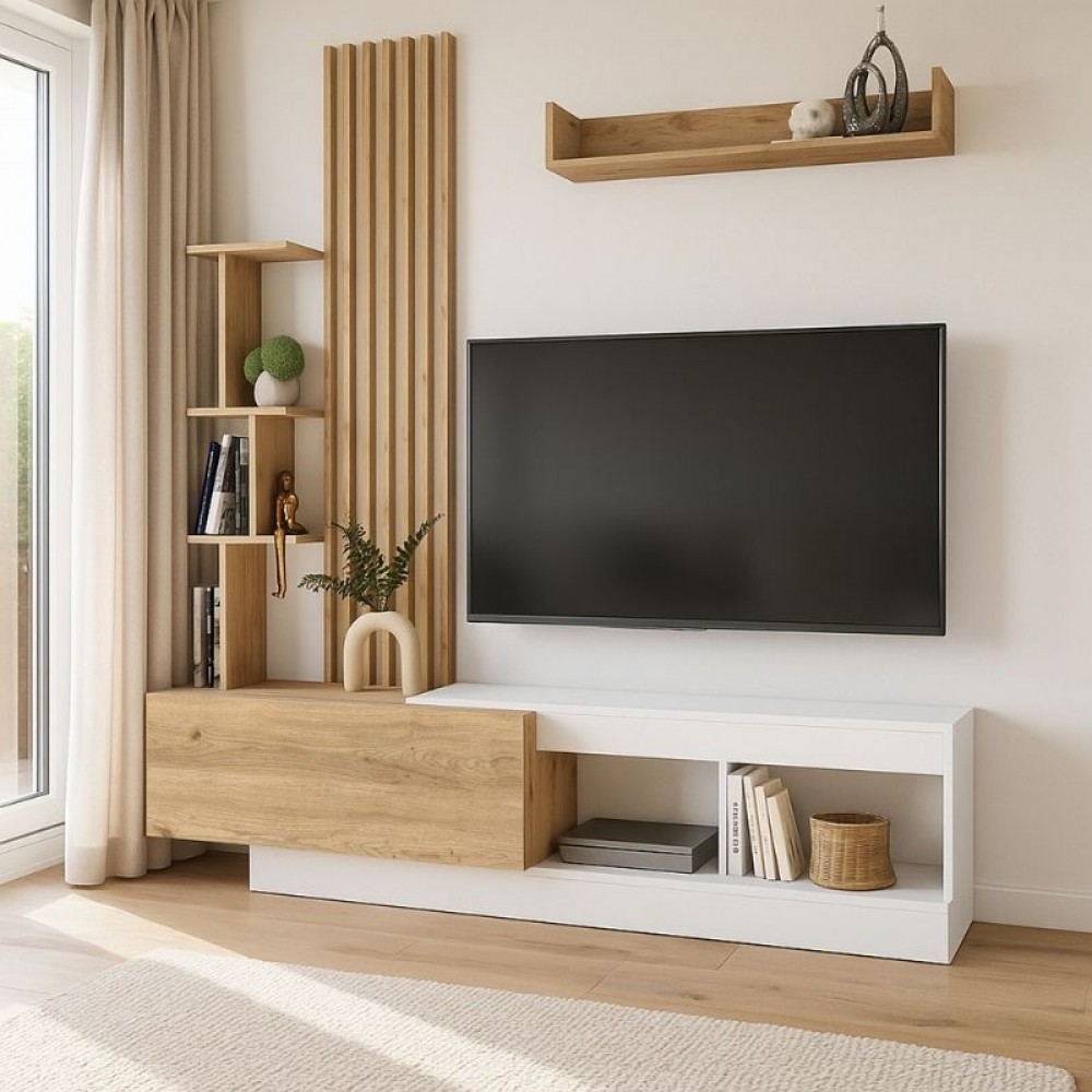 Σύνθεση τηλεόρασης Vermont Megapap χρώμα λευκό - sepet oak 180x40x193,8εκ.