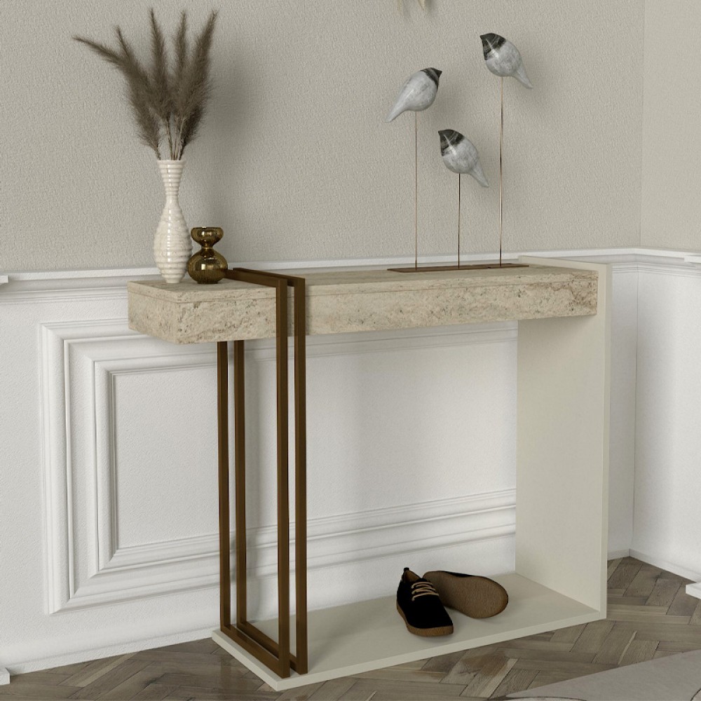 Κονσόλα Desca Megapap χρώμα travertine - sandstone - χρυσό 91,8x29,6x74,2εκ.