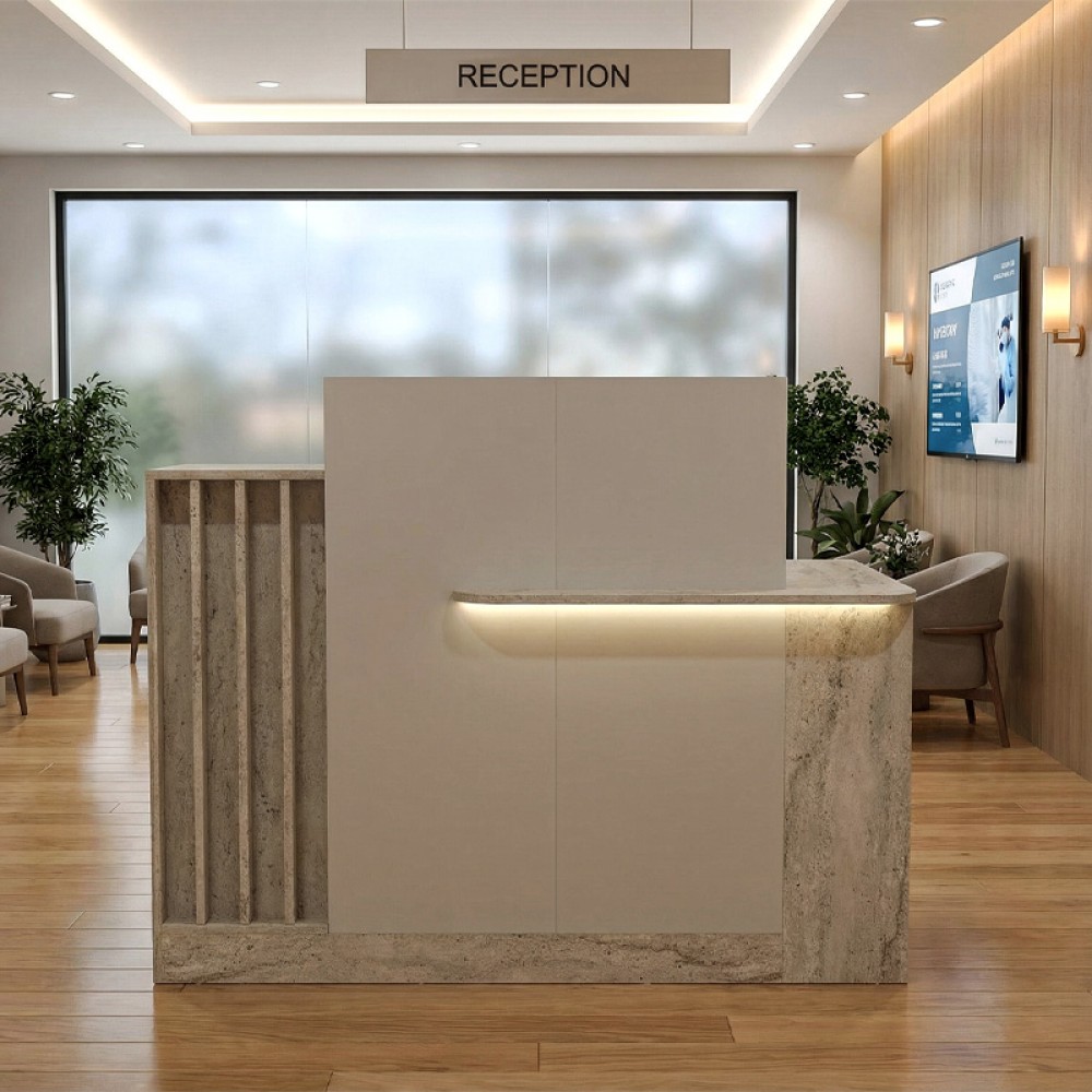 Γραφείο υποδοχής - reception Dayana Megapap με LED χρώμα travertine - sandstone 150x85,2x120εκ.