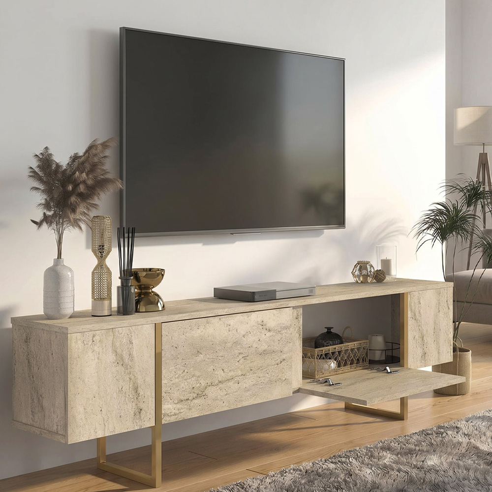 Έπιπλο τηλεόρασης Orontes Megapap χρώμα travertine - χρυσό 180x29,6x50εκ.