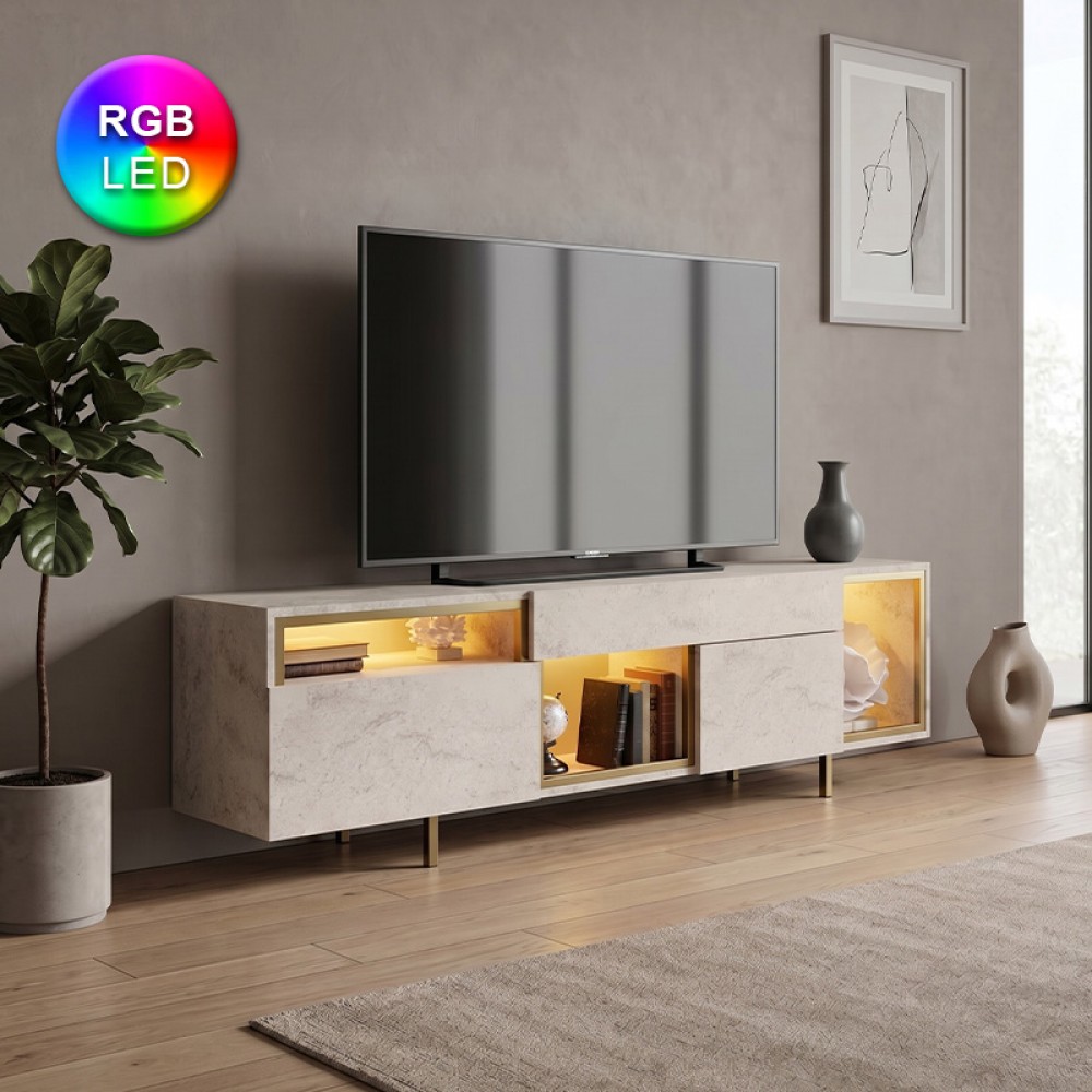 Έπιπλο τηλεόρασης Norm Megapap με Led Rgb χρώμα travertine - χρυσό 180x32x55εκ.