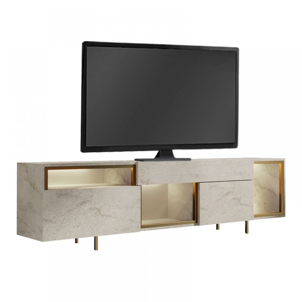 Έπιπλο τηλεόρασης Norm Megapap με Led Rgb χρώμα travertine - χρυσό 180x32x55εκ.