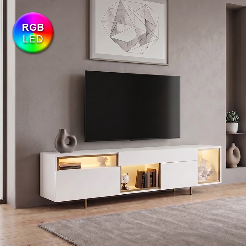 Έπιπλο τηλεόρασης Norm Megapap με Led Rgb χρώμα λευκό - χρυσό 180x32x55εκ.