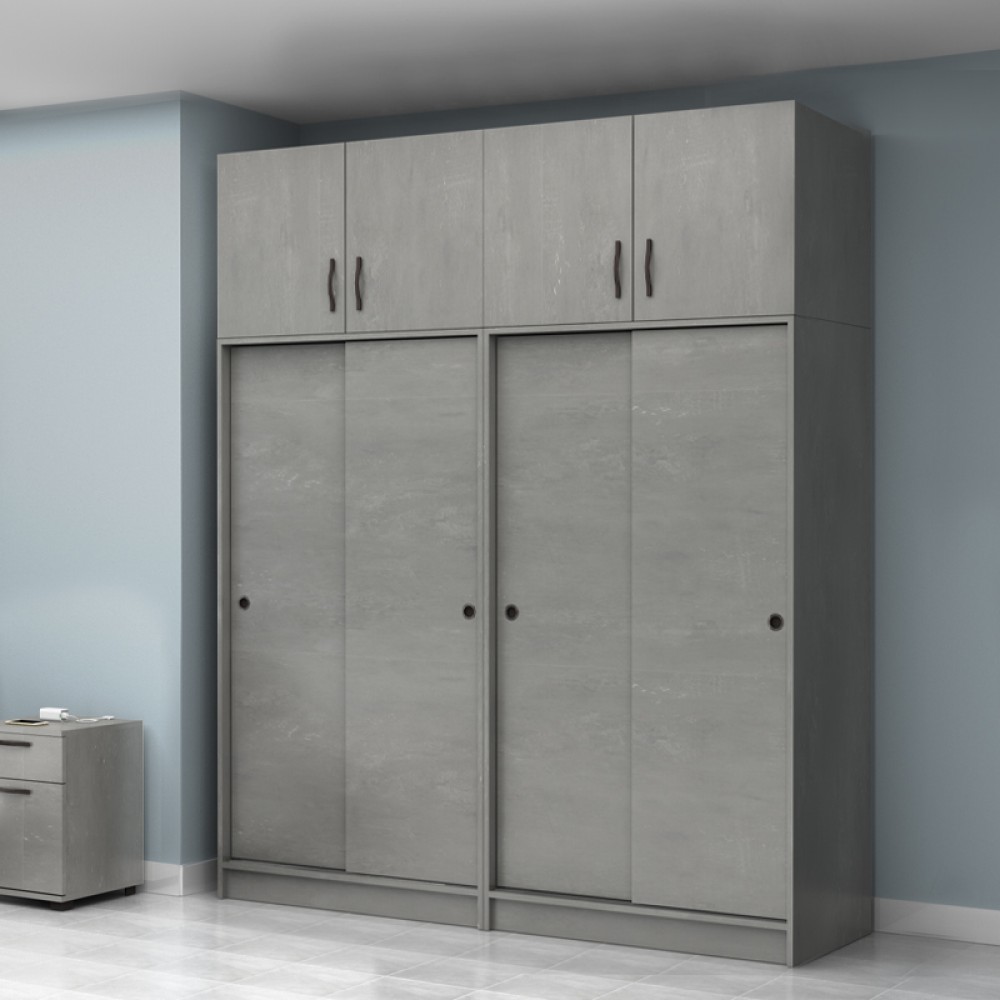 Ντουλάπα ρούχων Regio Megapap τετράφυλλη συρόμενη με πατάρι χρώμα γκρι σκυροδέματος 200x60x240εκ.
