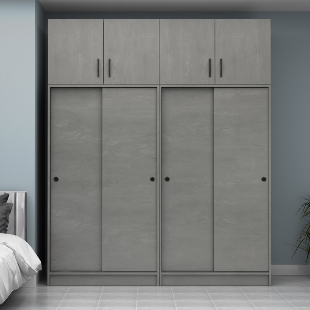 Ντουλάπα ρούχων Regio Megapap τετράφυλλη συρόμενη με πατάρι χρώμα γκρι σκυροδέματος 200x60x240εκ.