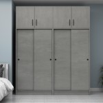 Ντουλάπα ρούχων Regio Megapap τετράφυλλη συρόμενη με πατάρι χρώμα γκρι σκυροδέματος 200x60x240εκ.