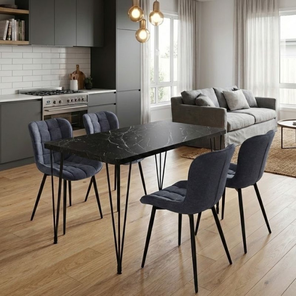 Σετ τραπεζαρία 5τμχ Roger - Chiara Megapap Mdf - ύφασμα χρώμα μαύρο εφέ μαρμάρου - ανθρακί 120x70x75εκ.