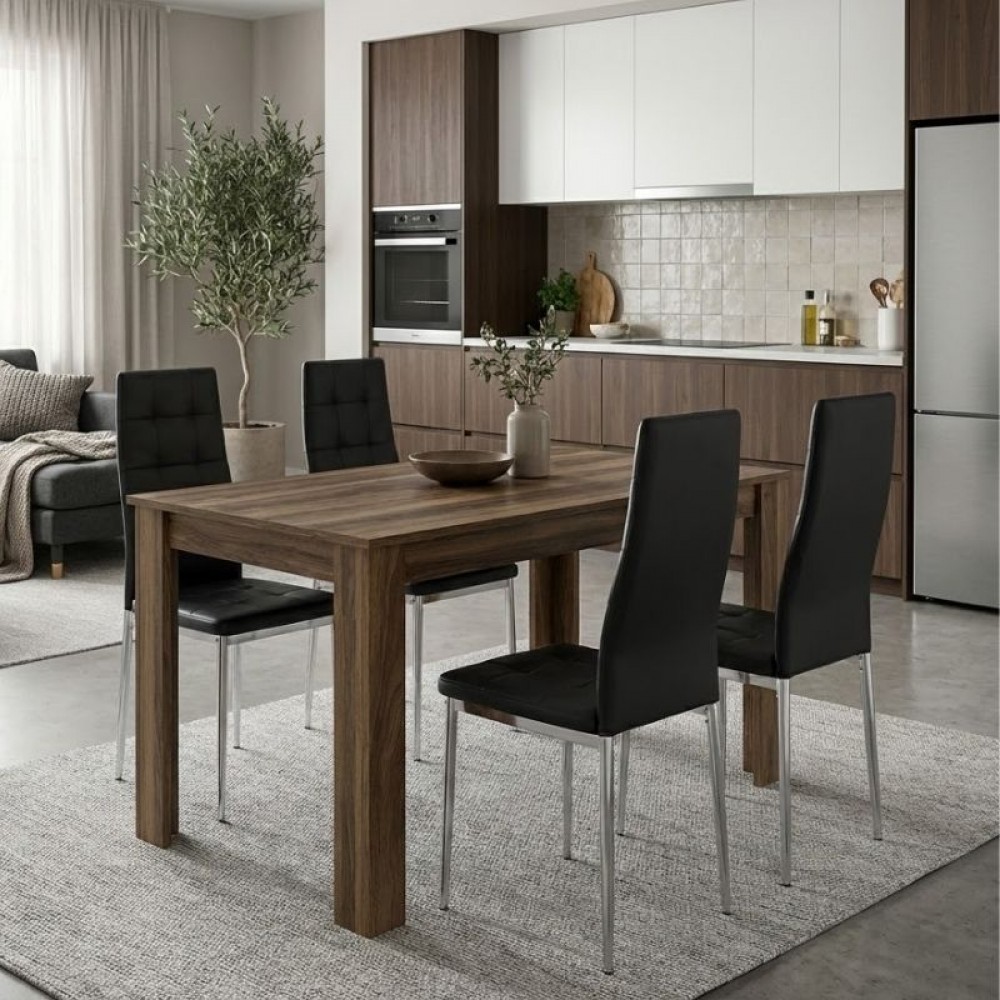 Σετ τραπεζαρία 5τμχ Darlen - Rosa Megapap χρώμα καρυδί - μαύρο/χρωμίου πόδι 125x72x74εκ.