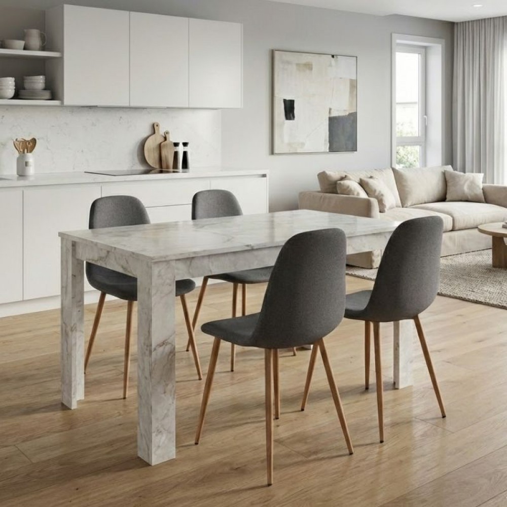 Σετ τραπεζαρία 5τμχ Darlen - Iris Megapap χρώμα λευκό εφέ μαρμάρου - γκρι/φυσικό πόδι 125x72x74εκ.