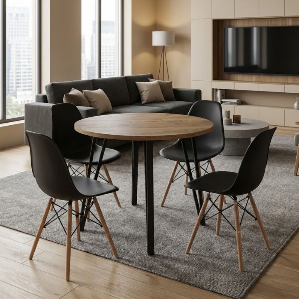 Σετ τραπεζαρία 5τμχ Xana - Nova Megapap χρώμα sepet oak - μαύρο Ø90x77,5εκ.