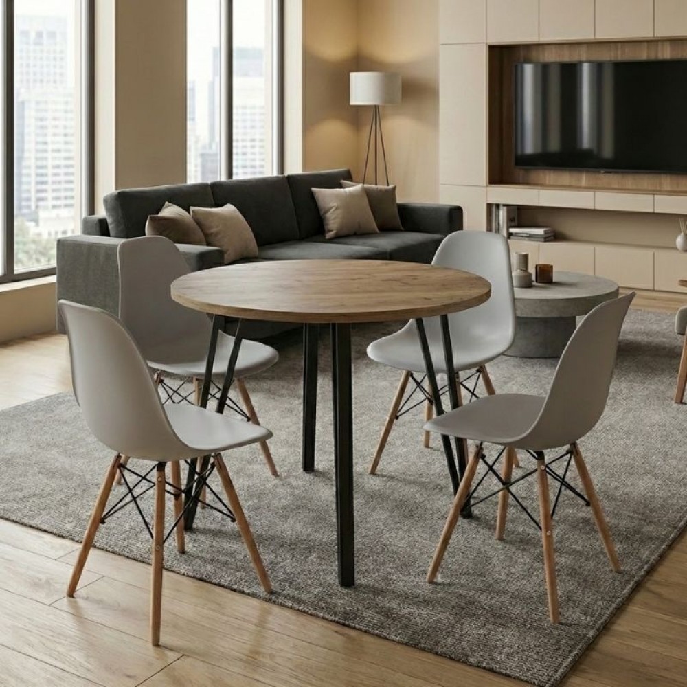 Σετ τραπεζαρία 5τμχ Xana - Nova Megapap χρώμα sepet oak - γκρι Ø90x77,5εκ.