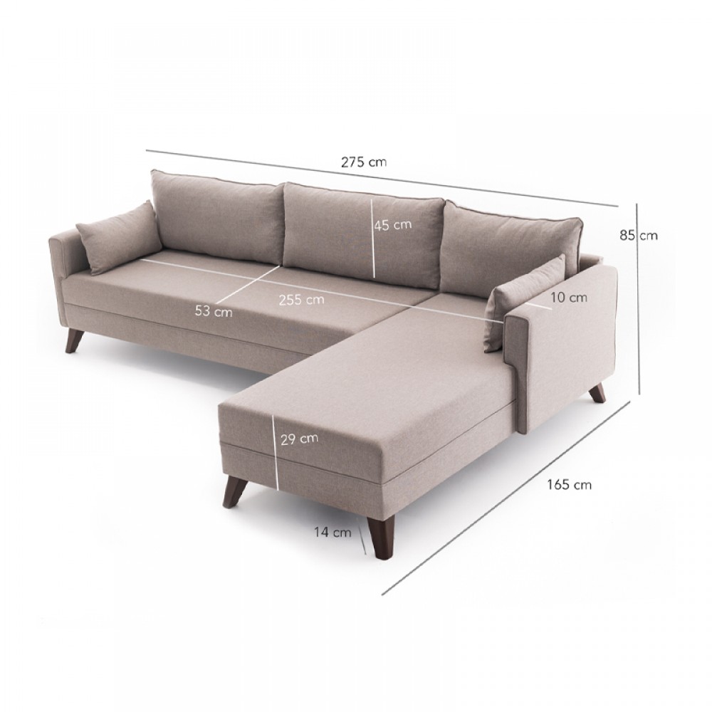 Γωνιακός καναπές Bella Megapap δεξιά γωνία υφασμάτινος χρώμα κρεμ 275x165x85εκ.