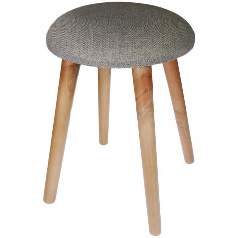 Σκαμπό υφασμάτινο Nextdeco γκρι με ξύλινα πόδια Υ37x35Ø εκ.