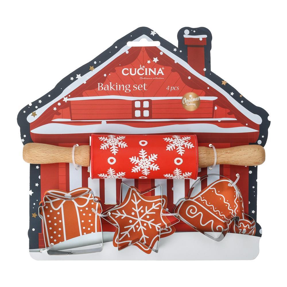 Χριστουγεννιάτικο σετ μαγειρικής με πλάστη και 3 κουπ πατ για μπισκότα 24x23x4,5εκ χιονισμένο σπίτι