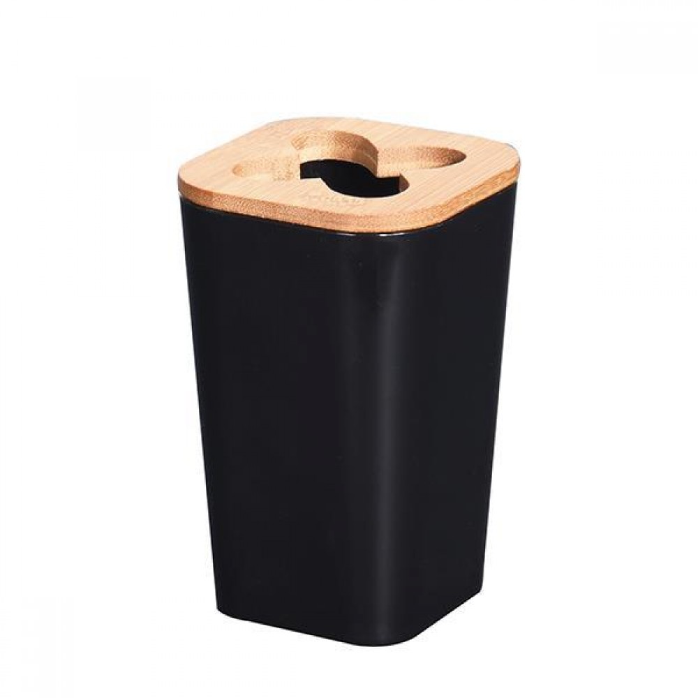 Θήκη για οδοντόβουρτσες πλαστική μαύρη με bamboo καπάκι 7,3x7,3xΥ11,5εκ.