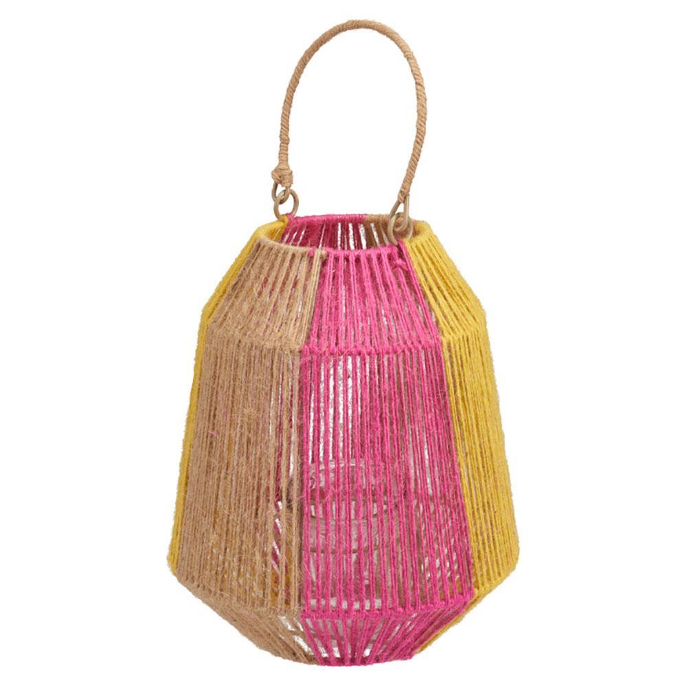 Φανάρι μεταλλικός σκελετό, γυαλί και γιούτα 21×21×25εκ. ροζ-κίτρινο