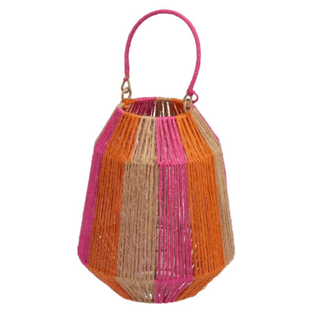 Φανάρι μεταλλικός σκελετό, γυαλί και γιούτα 21×21×25εκ. ροζ-πορτοκαλί