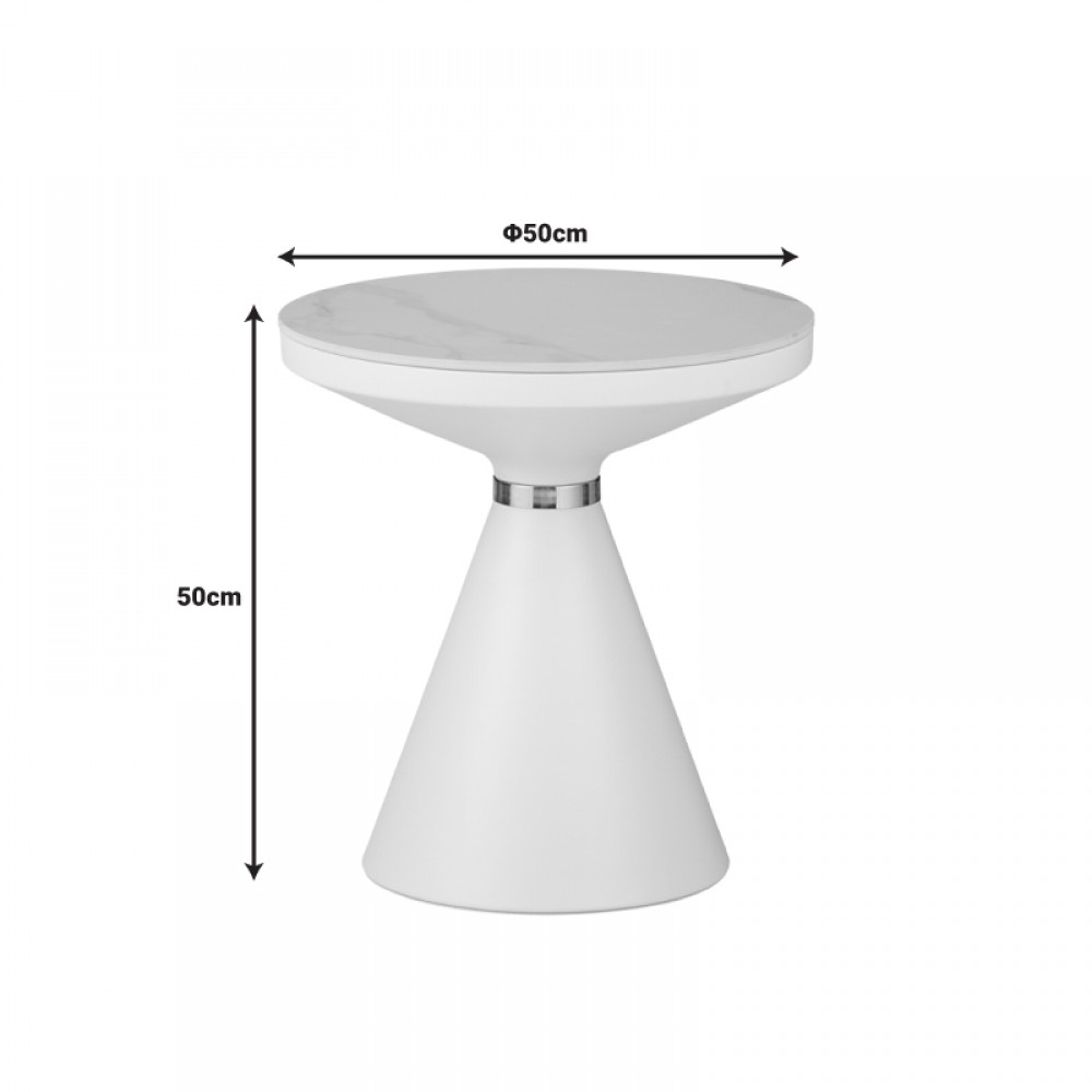 Βοηθητικό τραπέζι Coozlin Inart sintered stone σε απόχρωση λευκό μαρμάρου με λευκό-χρυσό μέταλλο Φ50x50εκ