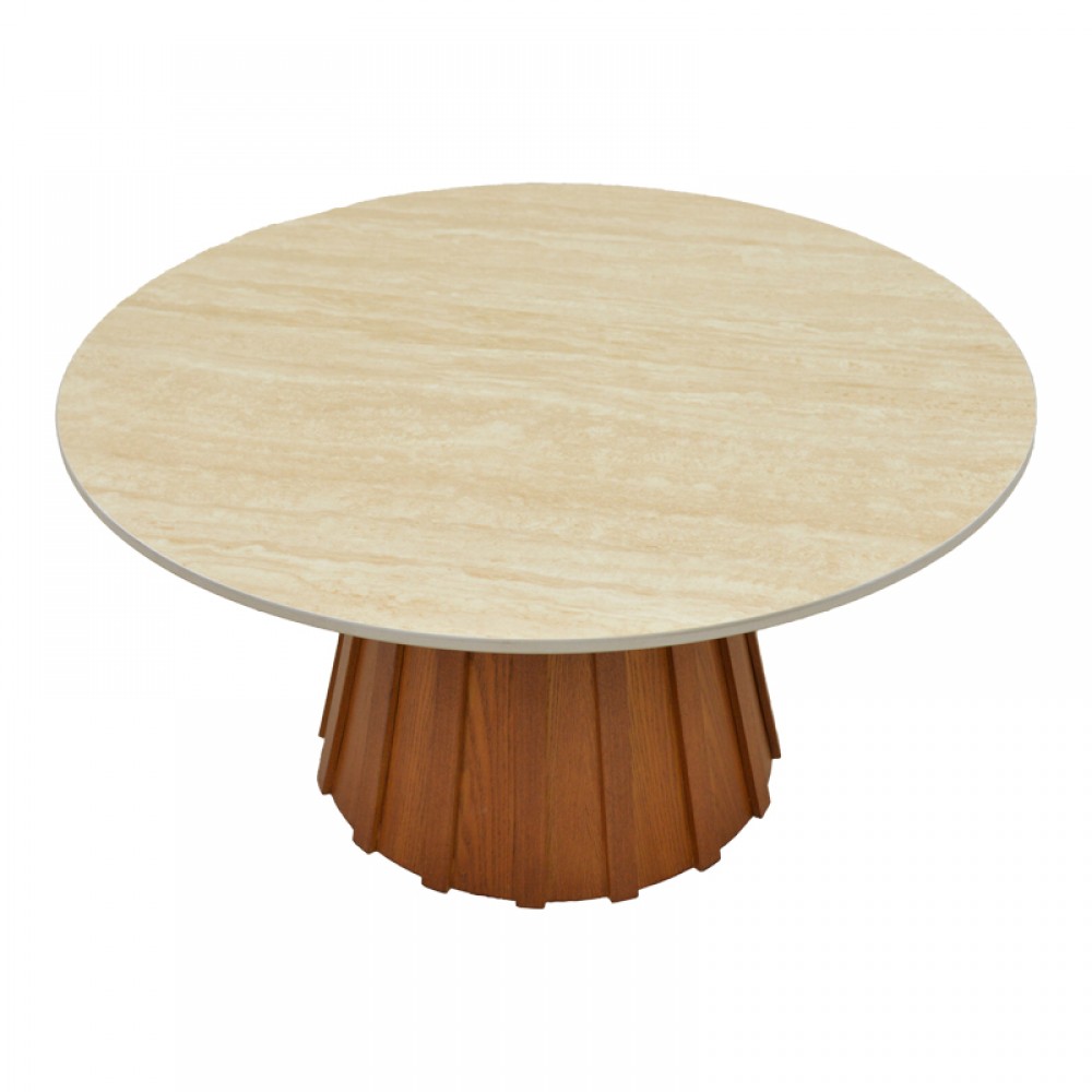 Τραπέζι σαλονιού Franzel pakoworld sintered stone σε όψη τραβερτίνας-mdf σε καρυδι Φ80x40εκ