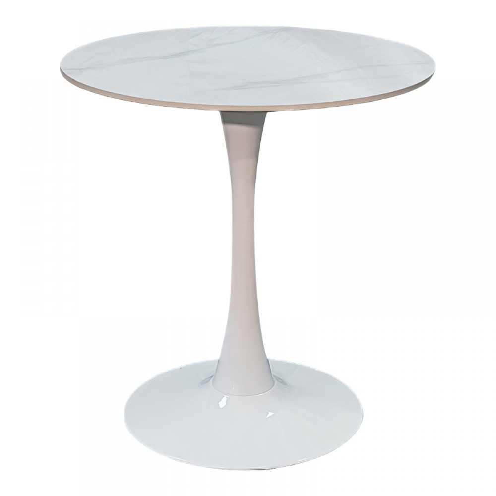 Tραπέζι Balou pakoworld sintered stone σε λευκή απόχρωση με όψη μαρμάρου-βάση λευκό μέταλλο Φ90x73εκ