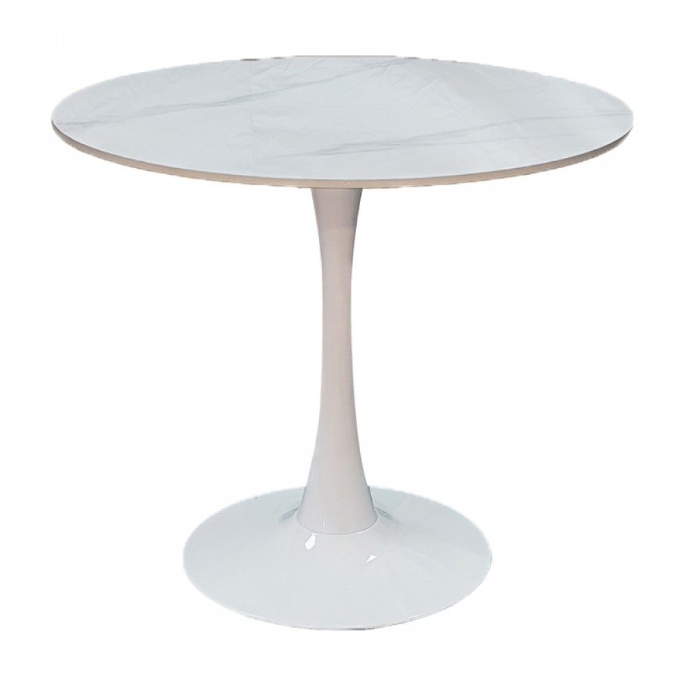 Tραπέζι Balou pakoworld sintered stone σε λευκή απόχρωση με όψη μαρμάρου-βάση λευκό μέταλλο Φ120x73εκ