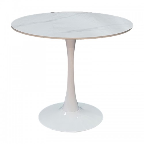 Tραπέζι Balou pakoworld sintered stone σε λευκή απόχρωση με όψη μαρμάρου-βάση λευκό μέταλλο Φ120x73εκ