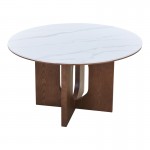 Τραπέζι Merge pakoworld sintered stone-mdf σε λευκό μαρμάρου με καρυδί βάση Φ130x75εκ