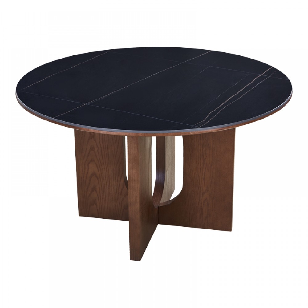Τραπέζι Merge pakoworld sintered stone-mdf σε μαύρο μαρμάρου με καρυδί βάση Φ130x75εκ
