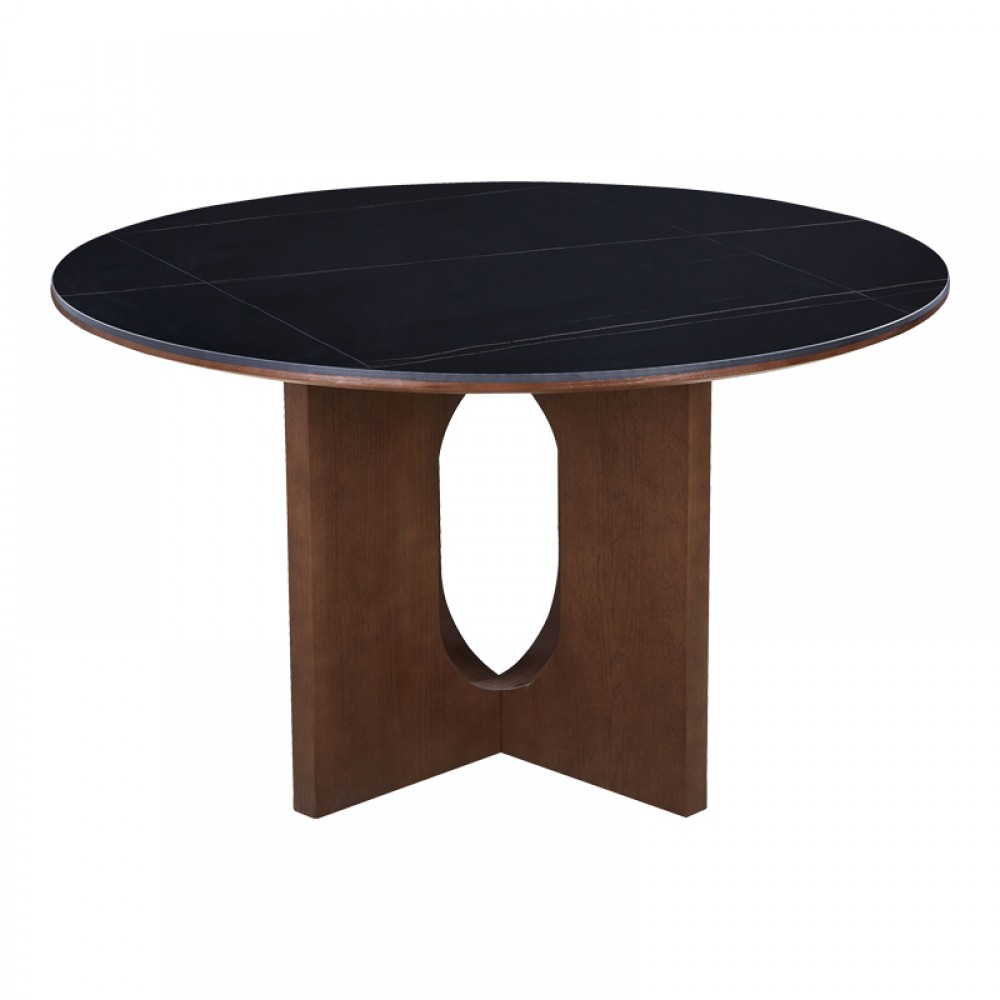 Τραπέζι Merge pakoworld sintered stone-mdf σε μαύρο μαρμάρου με καρυδί βάση Φ130x75εκ
