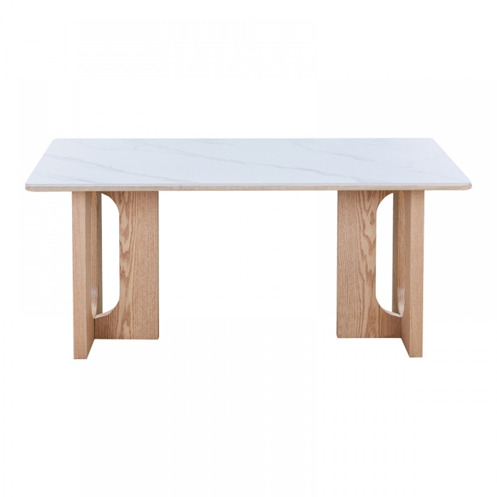 Τραπέζι Benqui pakoworld sintered stone-mdf σε λευκό μαρμάρου με βάση σε φυσική απόχρωση 160x90x75εκ