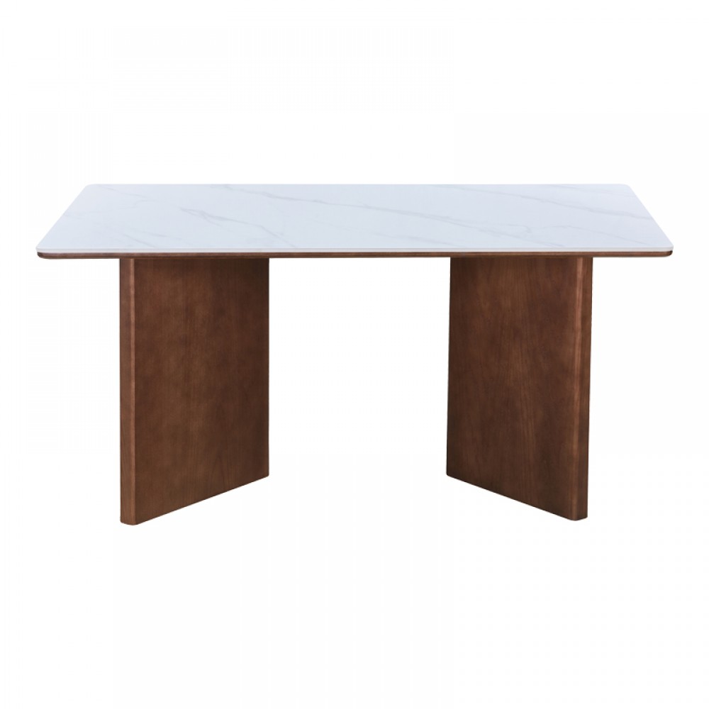 Τραπέζι Versy pakoworld sintered stone-mdf σε λευκό μαρμάρου με καρυδί βάση 160x90x75εκ