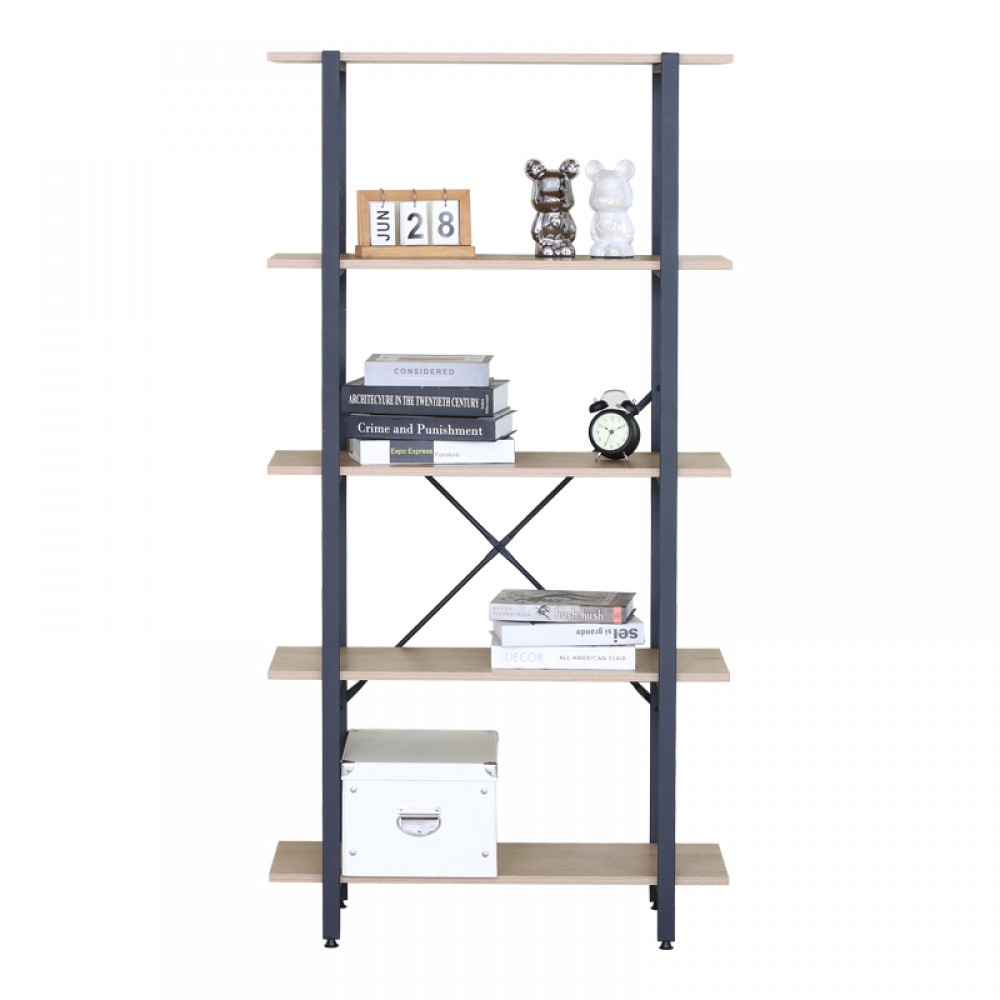 Βιβλιοθήκη Nebranzo pakoworld oak με μαύρο μέταλλο 80x34x155.3εκ