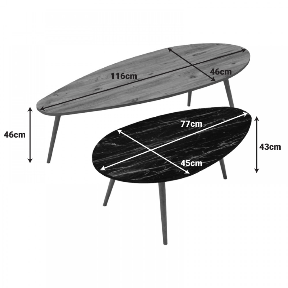 Τραπέζια σαλονιού Monty pakoworld 2 τεμ σε φυσικη-μαύρου μαρμάρου απόχρωση