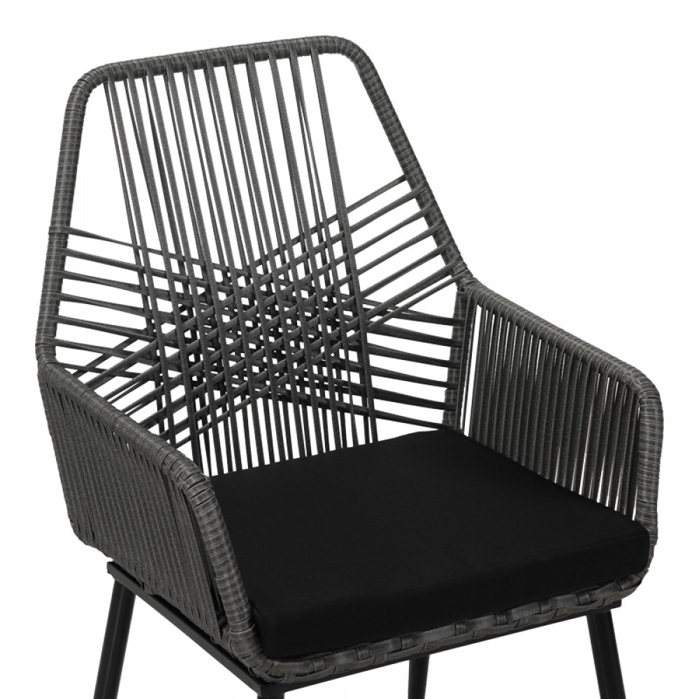 Πολυθρόνα Tanish pakoworld pe rattan σε γκρι απόχρωση με μαύρα μεταλλικά πόδια 58x58.5x87εκ