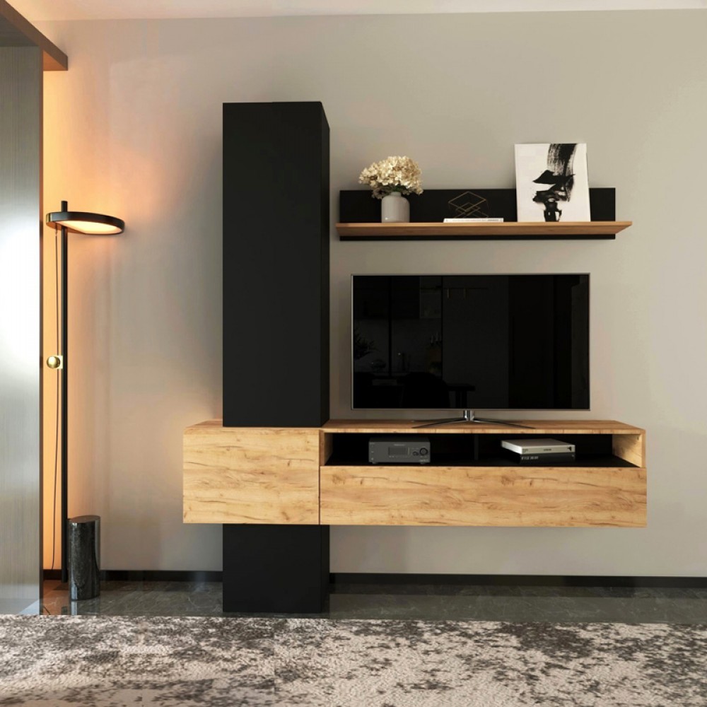 Σύνθετο σαλονιού Wendy pakoworld σε oak-μαύρη απόχρωση 195.1x37.3x219.1εκ