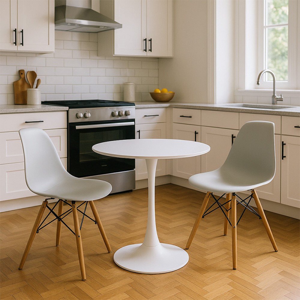 Τραπεζαρία Elijah-Julita pakoworld σετ 3τεμ pp-pu σε λευκή απόχρωση με φυσικό πόδι Φ60x74εκ