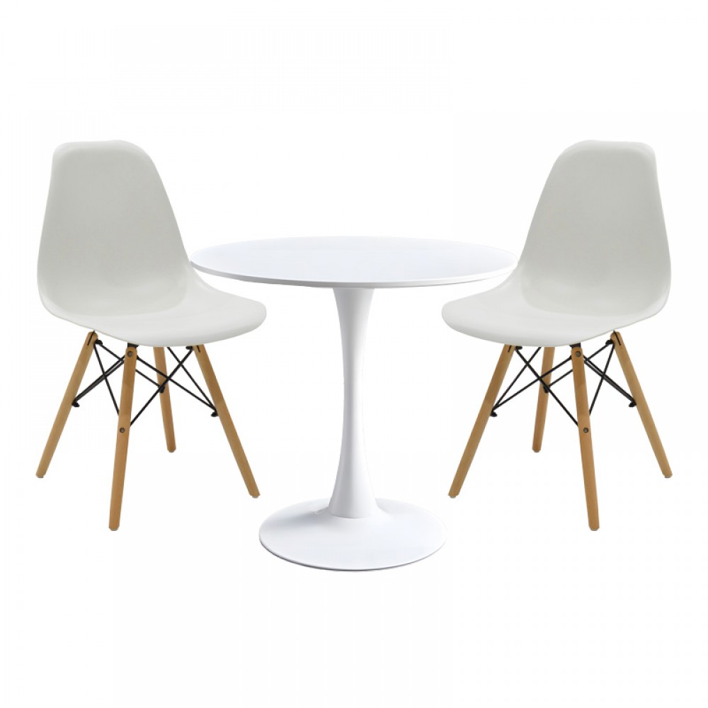 Τραπεζαρία Elijah-Julita pakoworld σετ 3τεμ pp-pu σε λευκή απόχρωση με φυσικό πόδι Φ60x74εκ