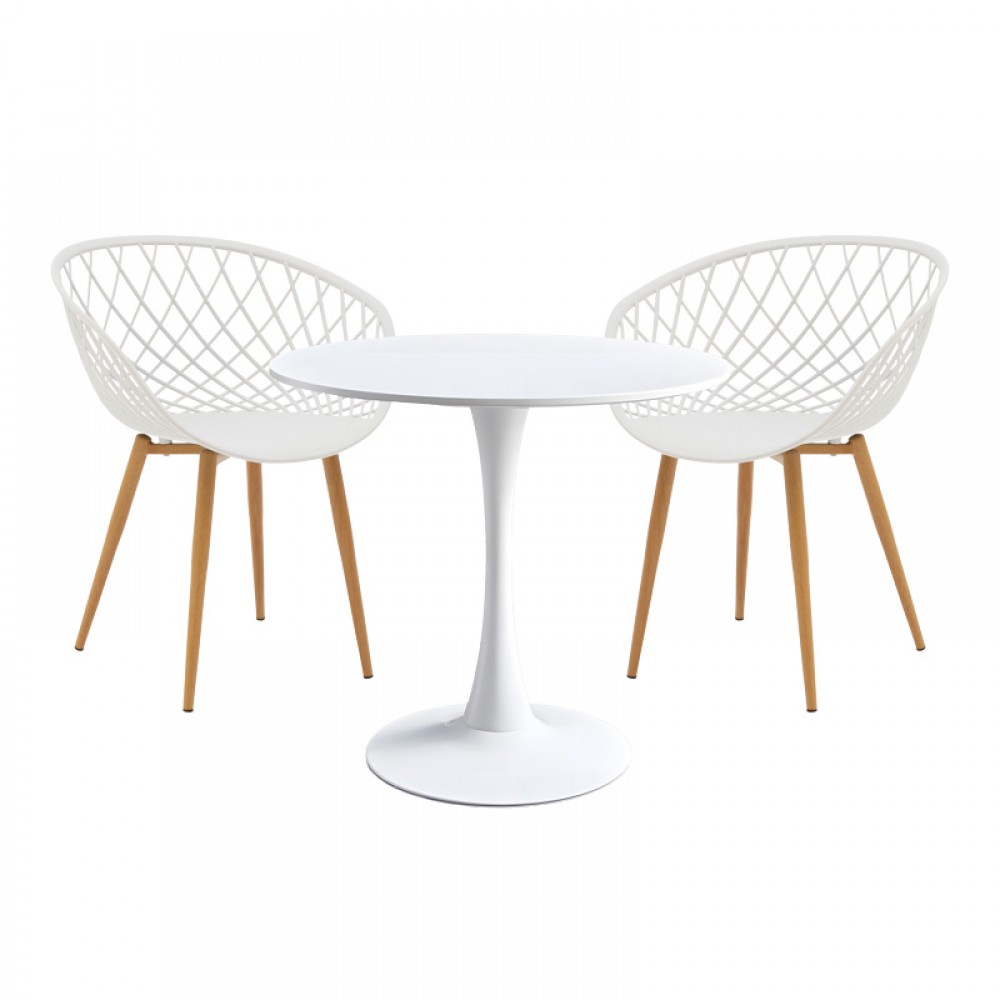 Τραπεζαρία Elijah-Ezra pakoworld σετ 3τεμ pp-pu σε λευκή απόχρωση με φυσικό πόδι Φ60x74εκ