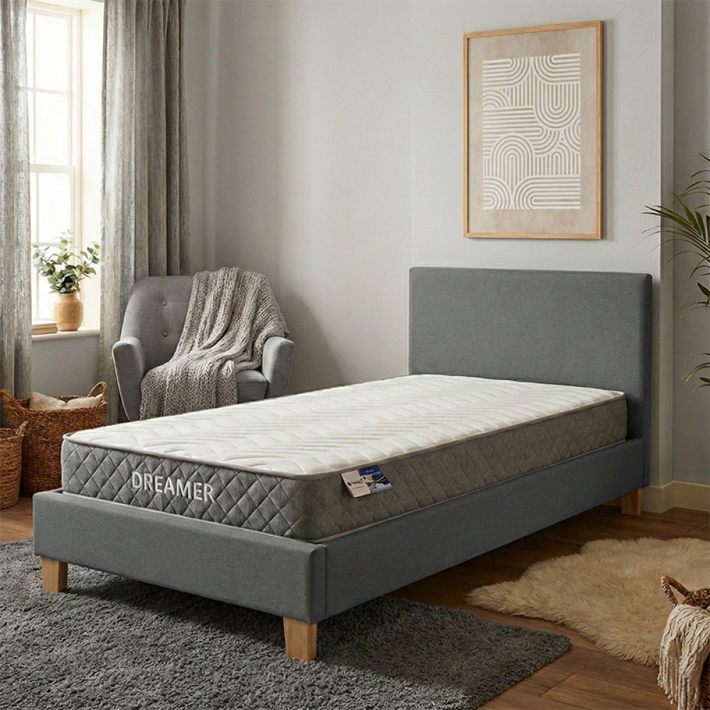 Κρεβάτι με στρώμα Nevil-Dreamer pakoworld ύφασμα ανθρακί-ξύλινο πόδι σε φυσική απόχρωση 100x200εκ