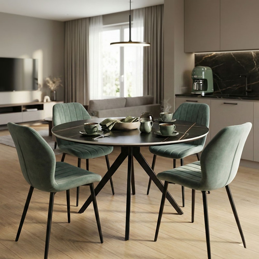 Τραπεζαρία με Καρέκλες Jelour Φυστικί και Τραπέζι Orbital Μαύρο Φ120x76 Σετ 5τεμ