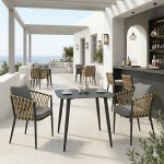 Τραπεζαρία Peluxe Vista pakoworld σετ 3τεμ ανθρακί αλουμίνιο με PE σχοινί σε φυσική απόχρωση και μαξιλάρια 80x80x72εκ