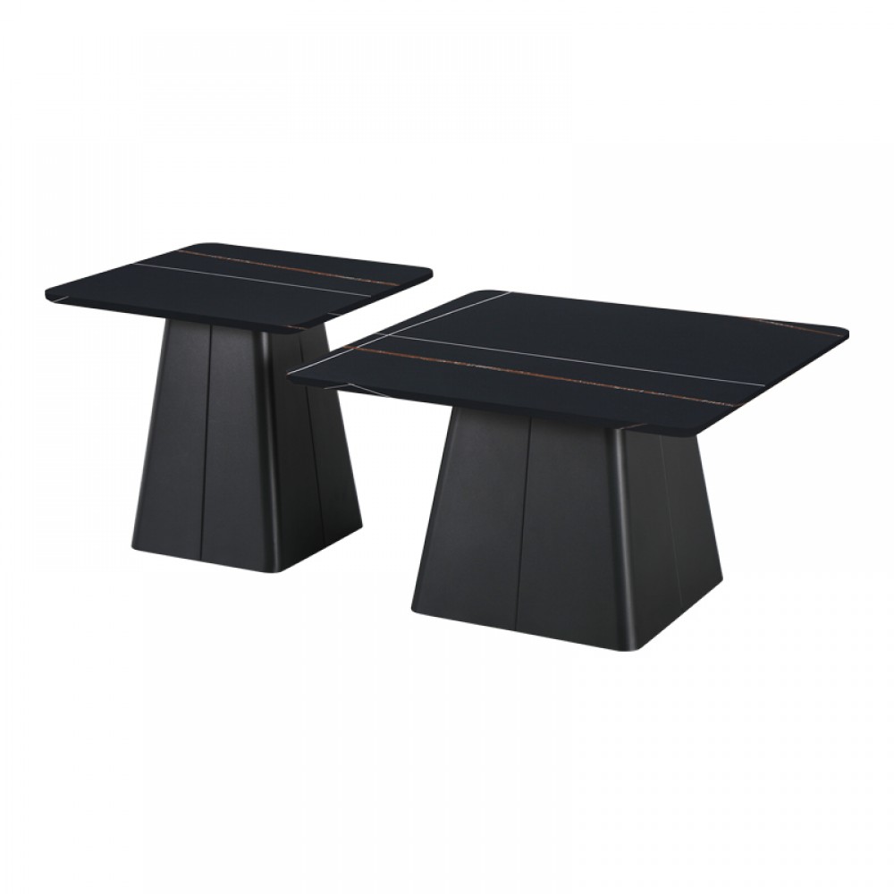 Τραπέζια σαλονιού Square pakoworld σετ 2 τεμ μέταλλο-sintered stone σε μαύρο μαρμάρου