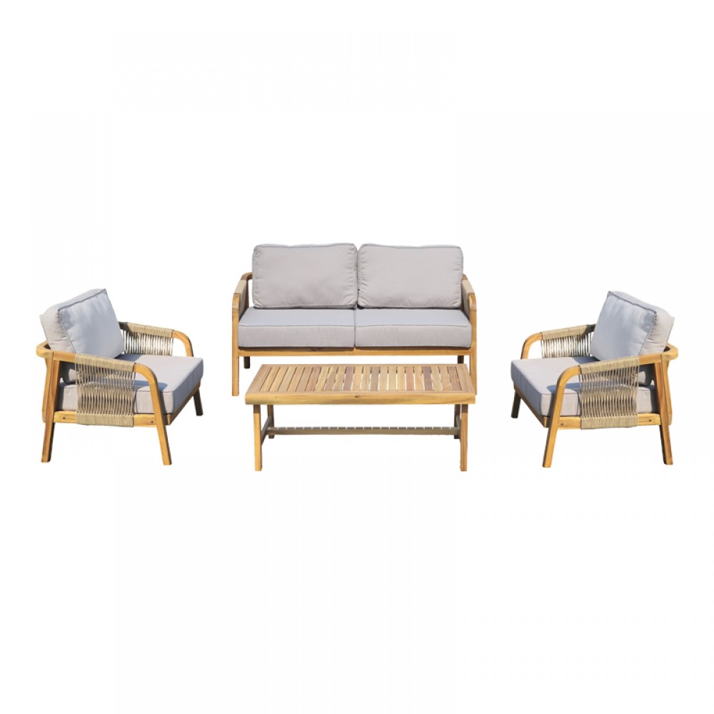 Σαλόνι εξωτερικού χώρου Malibu II pakoworld ξύλο ακακίας με σχοινί σε φυσική απόχρωση και μπεζ μαξιλάρια