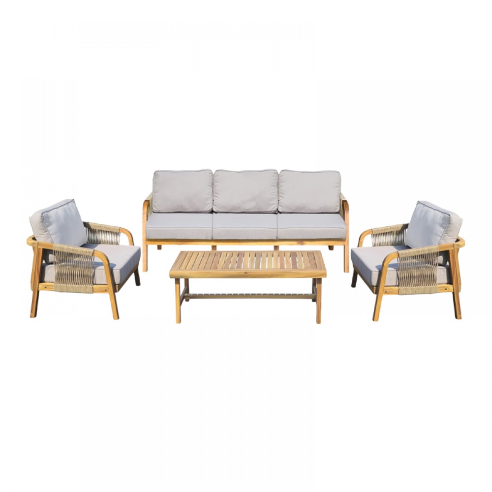 Σαλόνι εξωτερικού χώρου Malibu III pakoworld ξύλο ακακίας με σχοινί σε φυσική απόχρωση και μπεζ μαξιλάρια