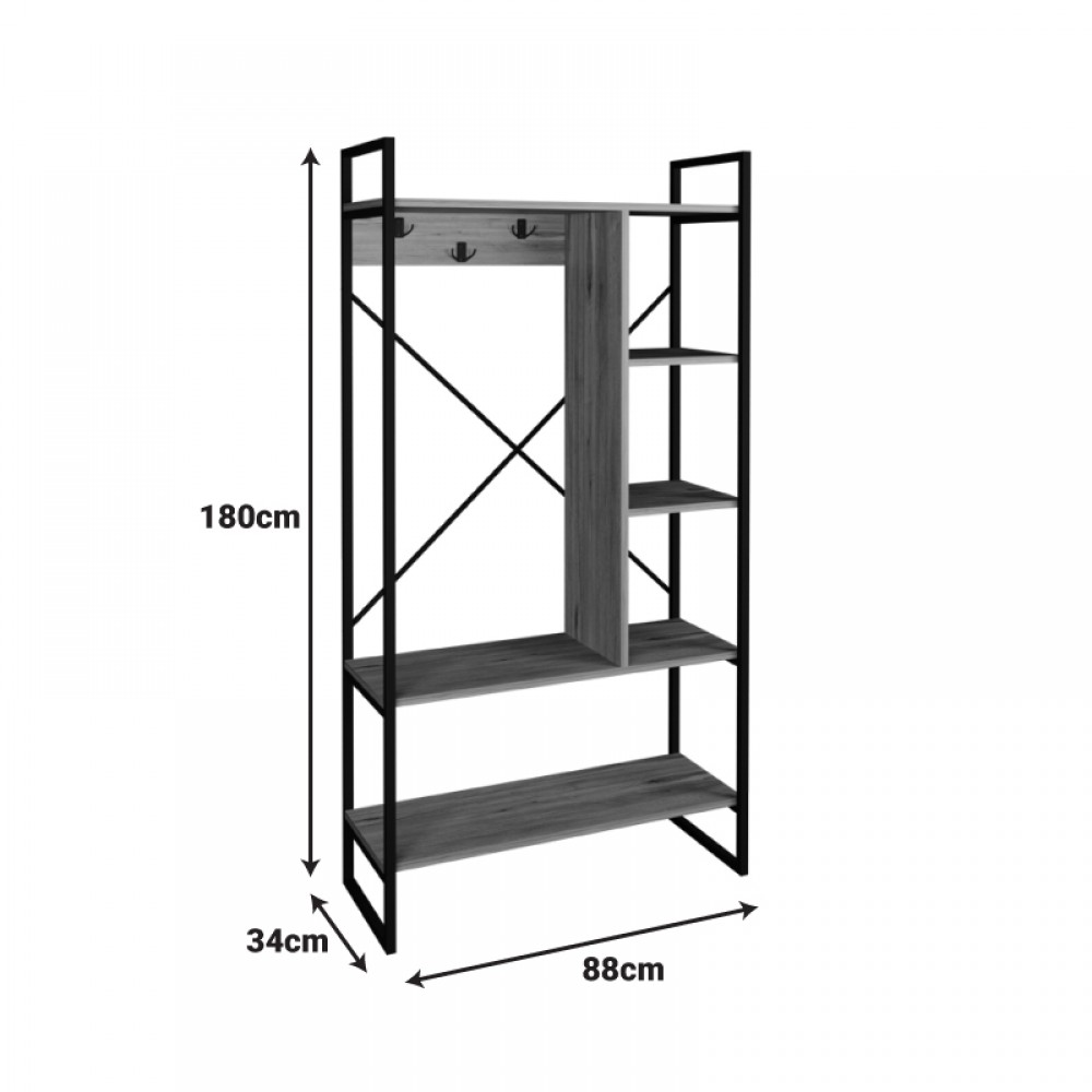 Έπιπλο εισόδου Feranda pakoworld με ράφια oak με μαύρο μεταλλικό σκελετό 88x34x180εκ