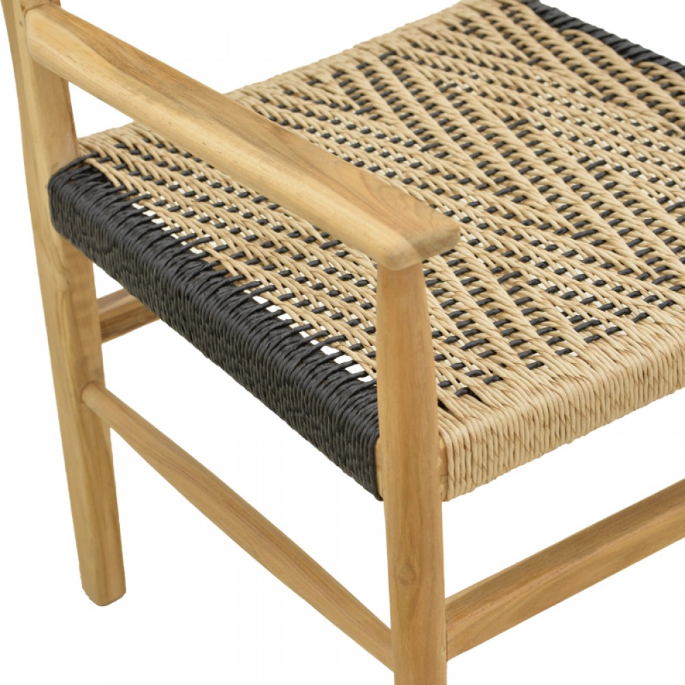 Πολυθρόνα Fermilo pakoworld σκελετός teak ξύλο με pe σχοινί σε φυσική-μαύρη απόχρωση 55x67x86εκ