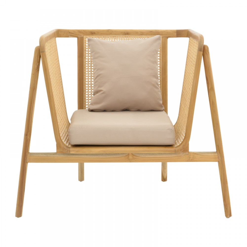 Πολυθρόνα Jenta pakoworld teak ξύλο με rattan σε φυσική απόχρωση και μπεζ μαξιλάρι 72x67x92εκ