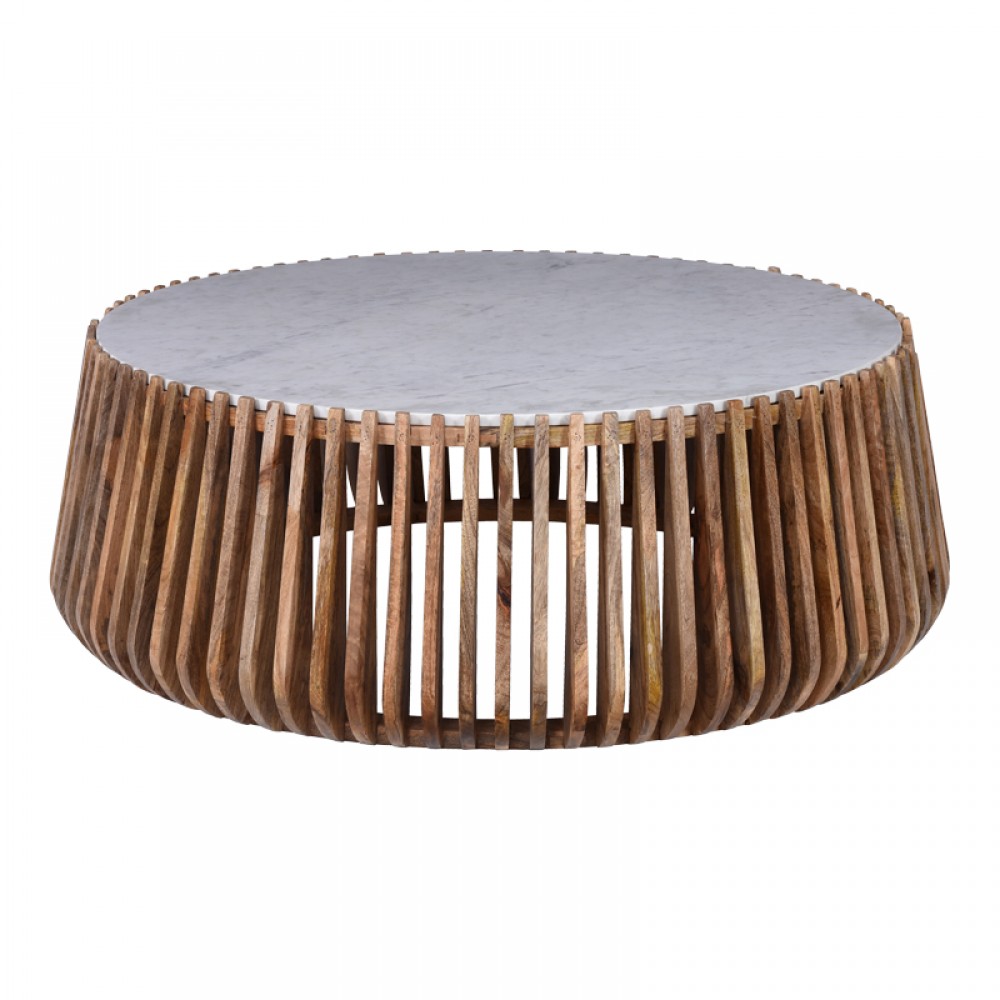 Τραπέζι σαλονιού Mable pakoworld mango ξύλο σε φυσική απόχρωση με επιφάνεια μαρμάρου Φ120x45εκ