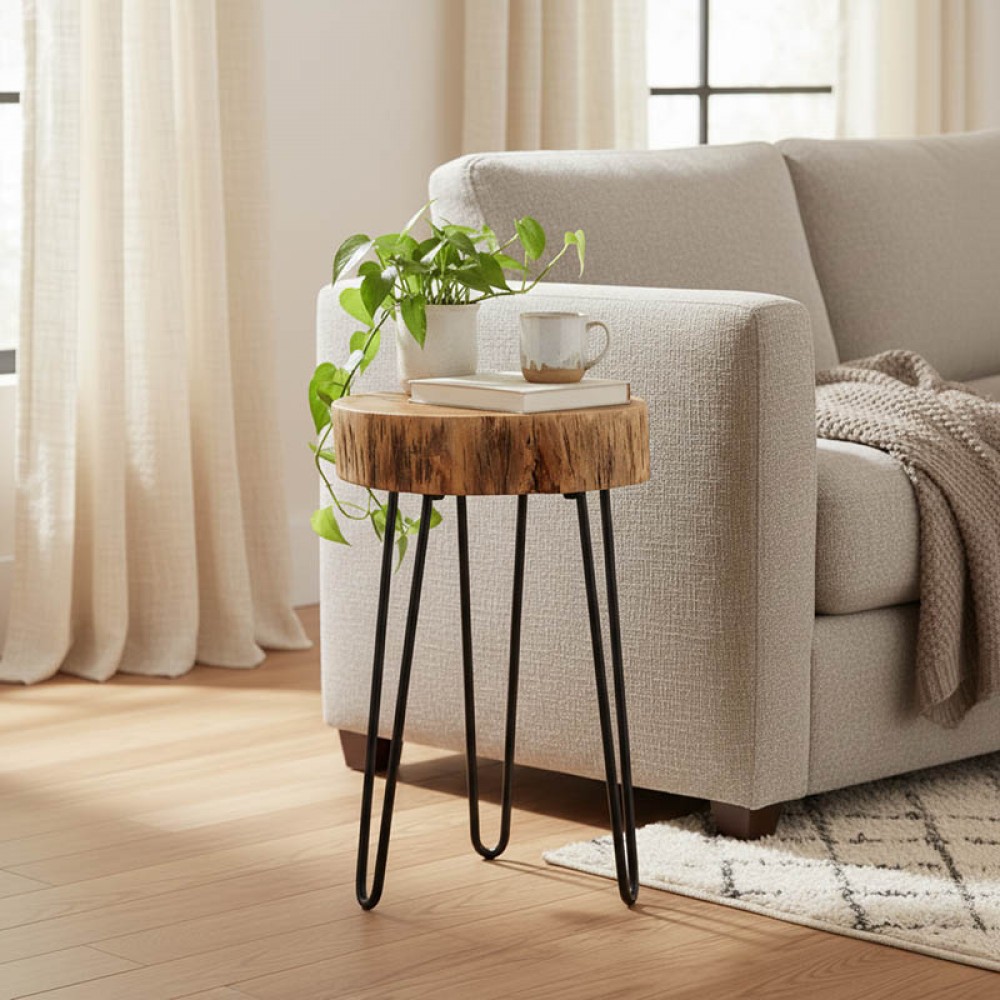 Βοηθητικό τραπέζι Tripp pakoworld μασίφ ξύλο ακακίας σε φυσική απόχρωση με μαυρα μεταλλικά πόδια 32x30x47εκ