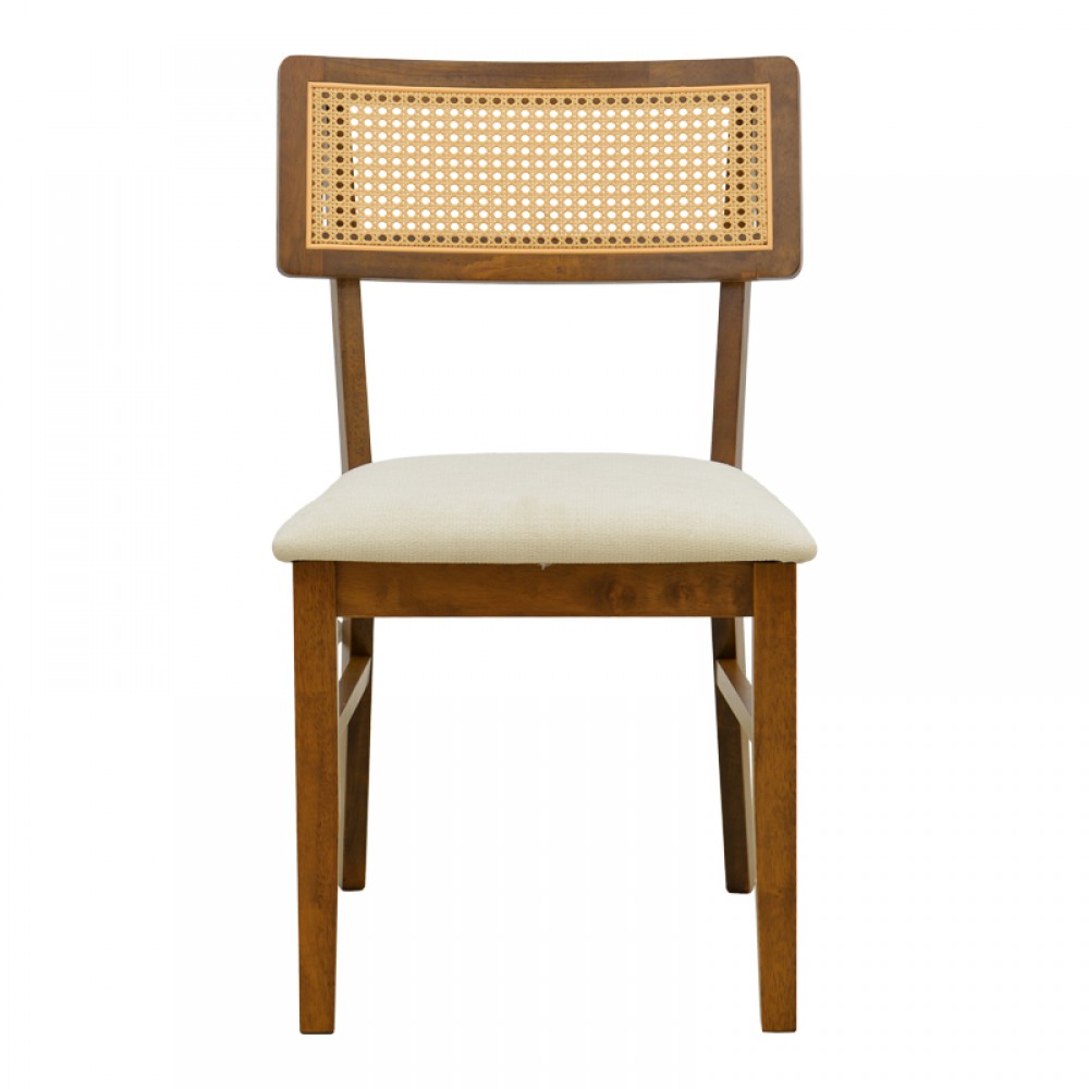 Καρέκλα Raffles pakoworld καρυδί rubberwood με pe rattan και εκρού ύφασμα 47x48x83.5εκ